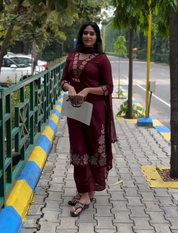Brown Kurta Set with Blue Dupatta for Women Elegant Ethnic Wear