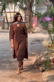 Coffee Kurta Pant Set with Dupatta for Women Elegant Cotton Ethnic Wear
