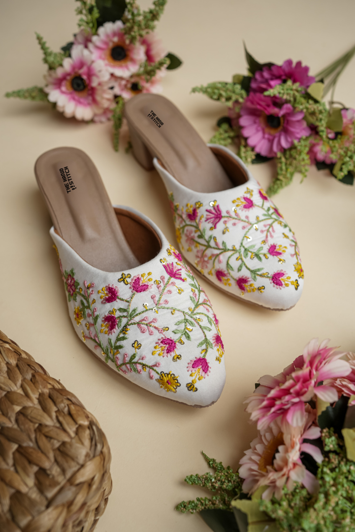The Hand Stitch Women’s White Multi-Color Floral Embroidery Heels