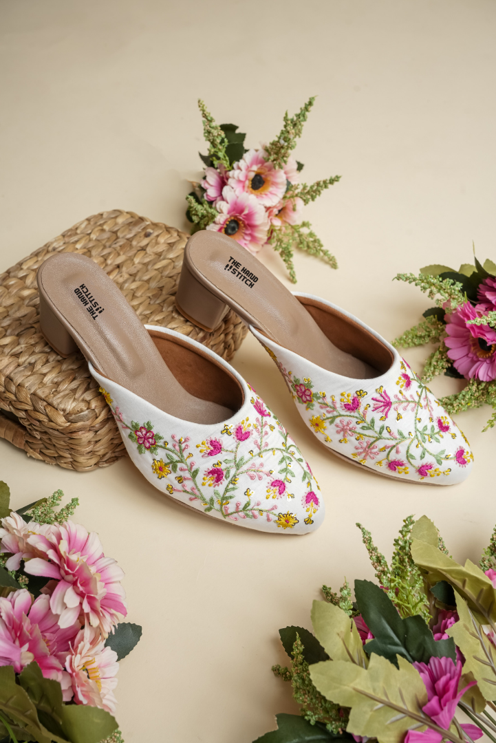 The Hand Stitch Women’s White Multi-Color Floral Embroidery Heels