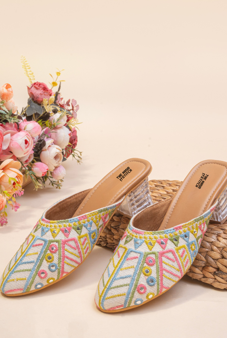 The Hand Stitch Women’s White Foil Mirror Work Heels