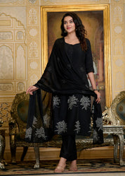 Black Cotton Embroidered GOWN with Dupatta