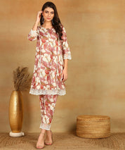 Pink Pure Muslin Foil Print Co-ord Set Fabric-Muslin