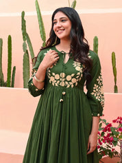 Zehra Olive Bloom Cotton Anarkali Gown