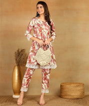 Pink Pure Muslin Foil Print Co-ord Set Fabric-Muslin