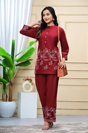 Crimson Bloom Embroidered Co-ord Set