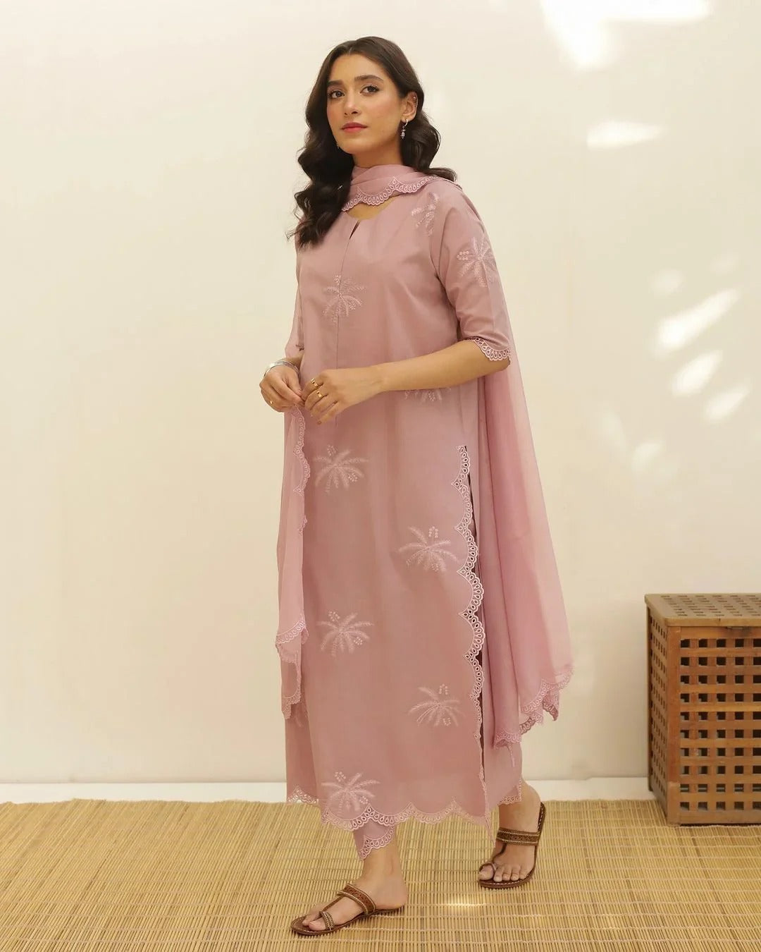 Peach Cotton Embroidered Dress