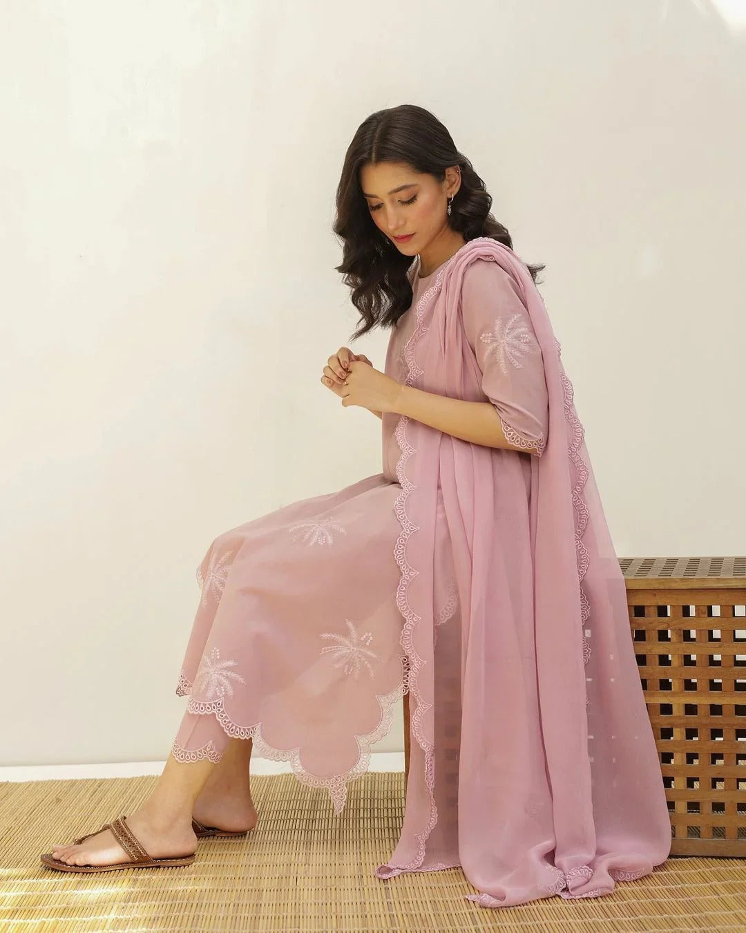 Peach Cotton Embroidered Dress