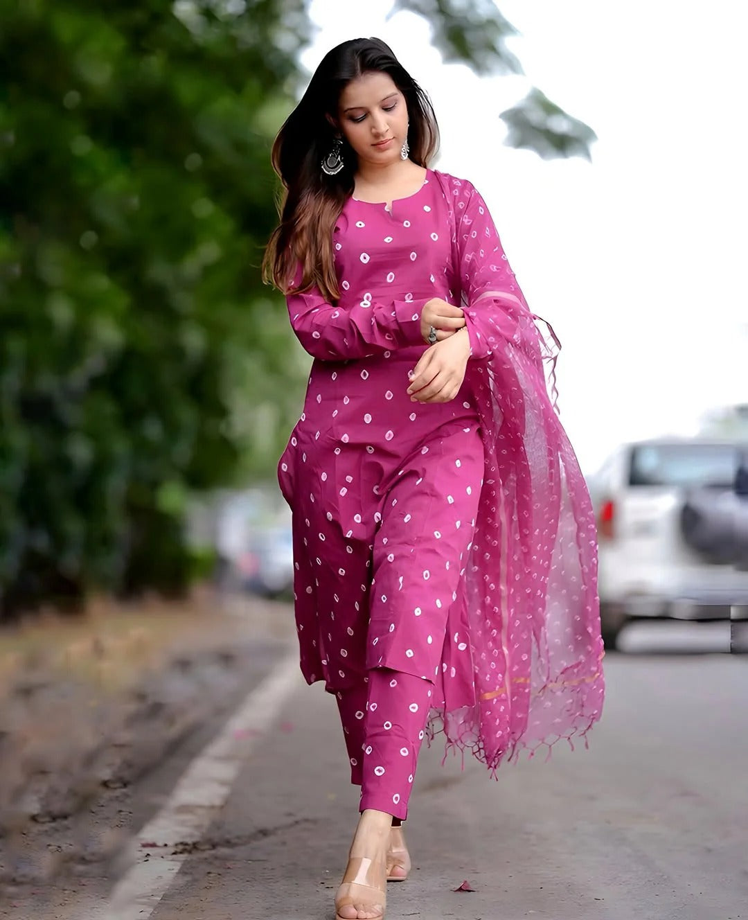 Pink Bandhani Handblock A-line GOWN