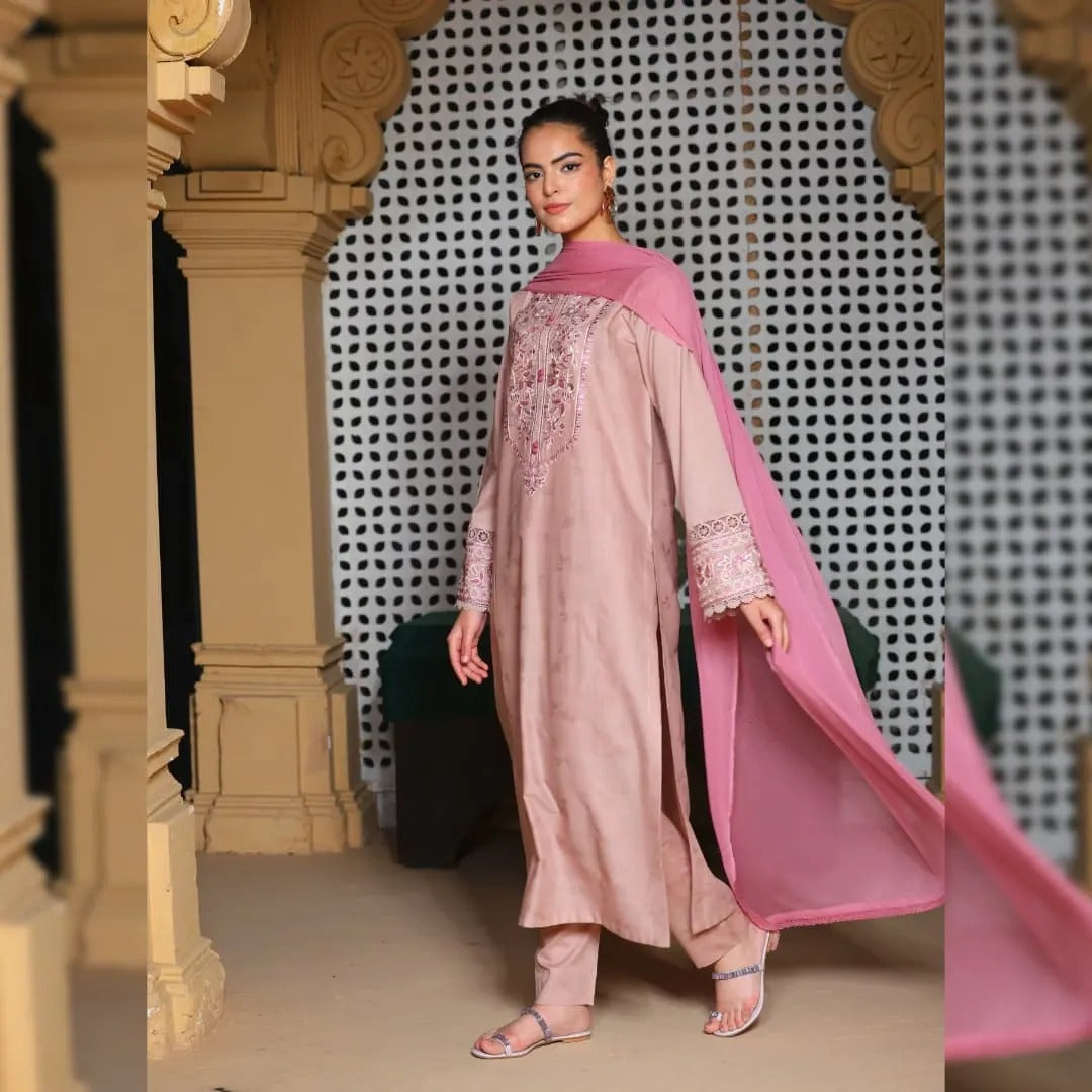 Self Pink Embroidered Suit Set