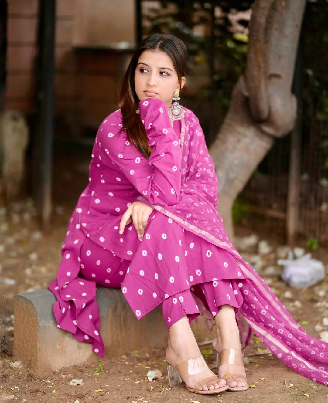 Pink Bandhani Handblock A-line GOWN