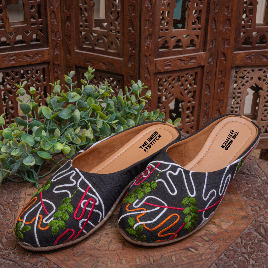 The Hand Stitch Women's Black Embroidered Juttis Handcrafted Ethnic Mojdis