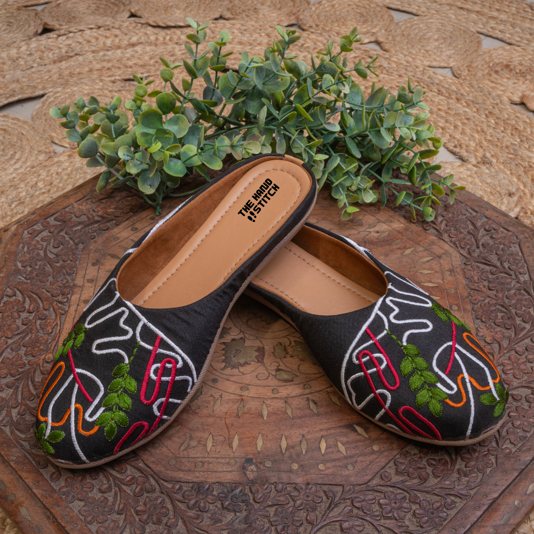 The Hand Stitch Women's Black Embroidered Juttis Handcrafted Ethnic Mojdis