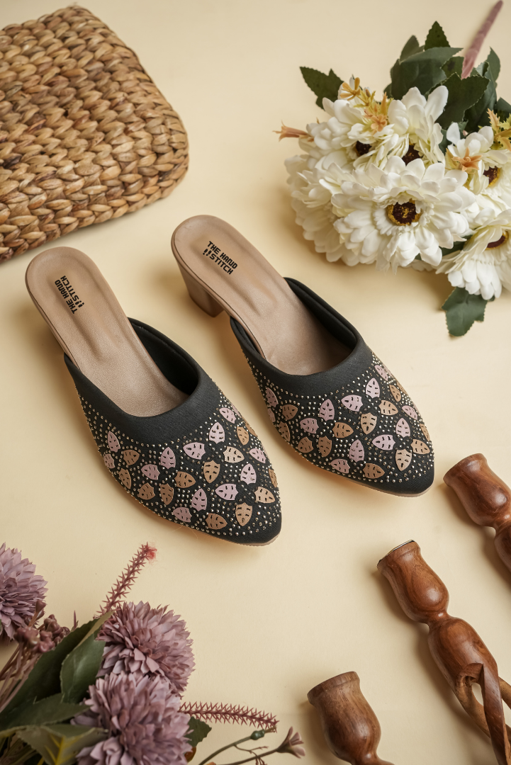 The Hand Stitch Women’s Black Heeled Mules with Swarovski-Style Studs