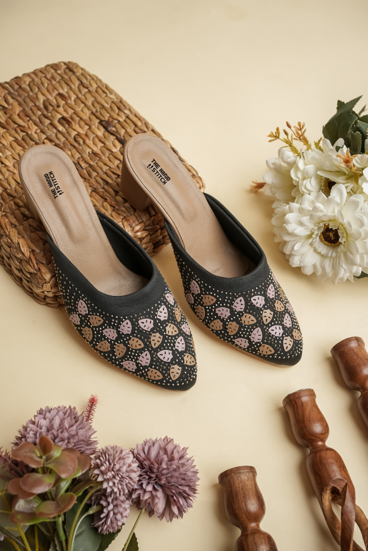 Handcrafted Floral Embroidered Beige Block Heel Slides for Women