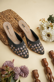 Handcrafted Floral Embroidered Beige Block Heel Slides for Women