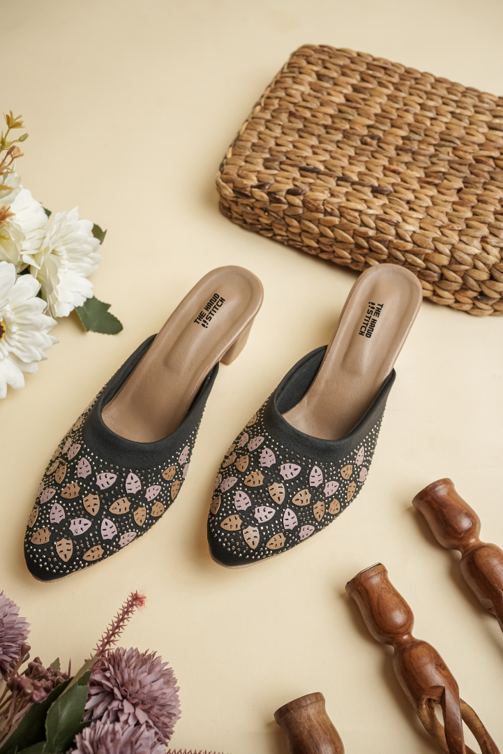 Handcrafted Floral Embroidered Beige Block Heel Slides for Women
