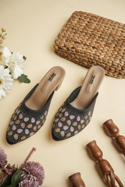 Handcrafted Floral Embroidered Beige Block Heel Slides for Women