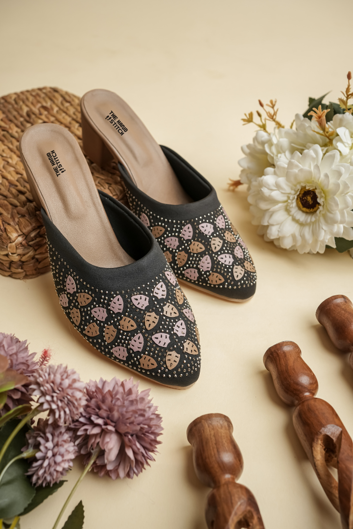 Handcrafted Floral Embroidered Beige Block Heel Slides for Women