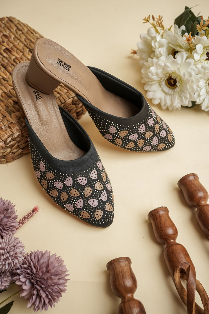 Handcrafted Floral Embroidered Beige Block Heel Slides for Women