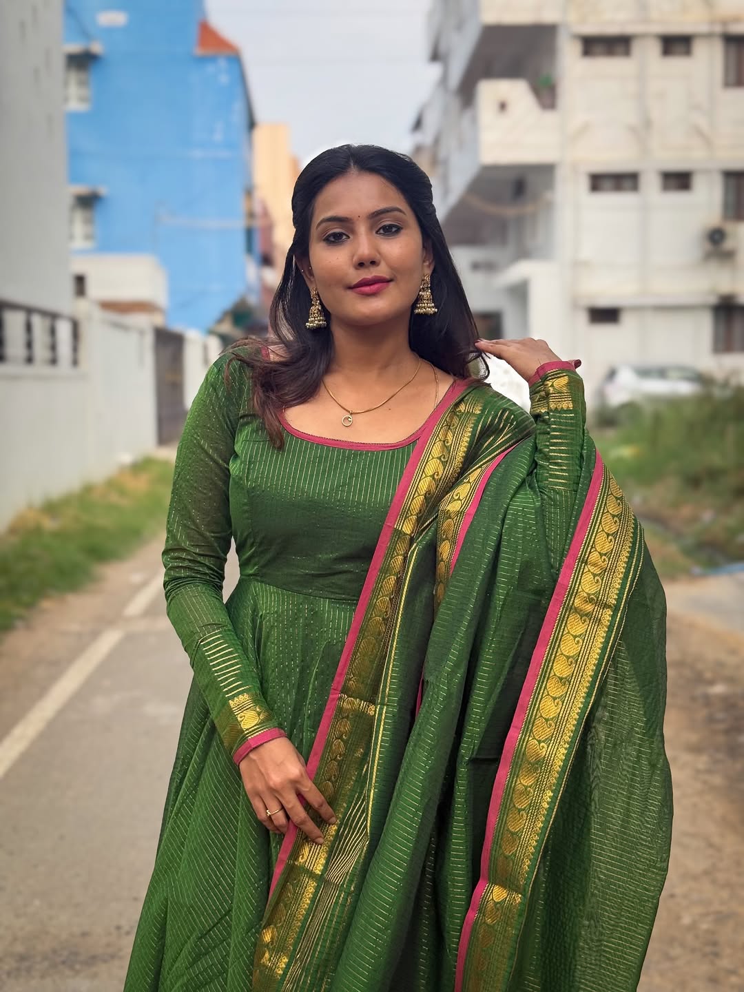 Dark Green Natural Crep Anarkali Suit Set