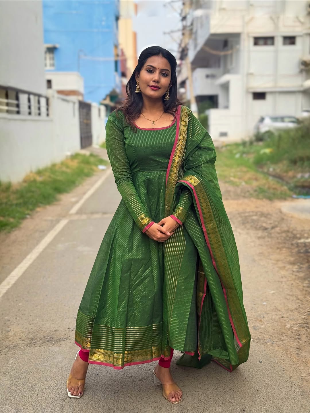 Dark Green Natural Crep Anarkali Suit Set