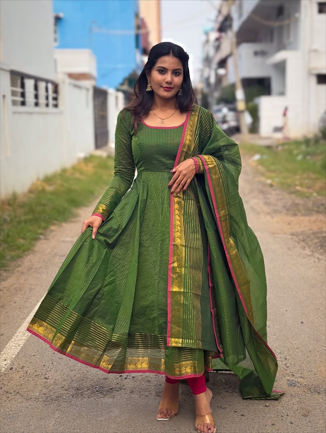 Dark Green Natural Crep Anarkali Suit Set