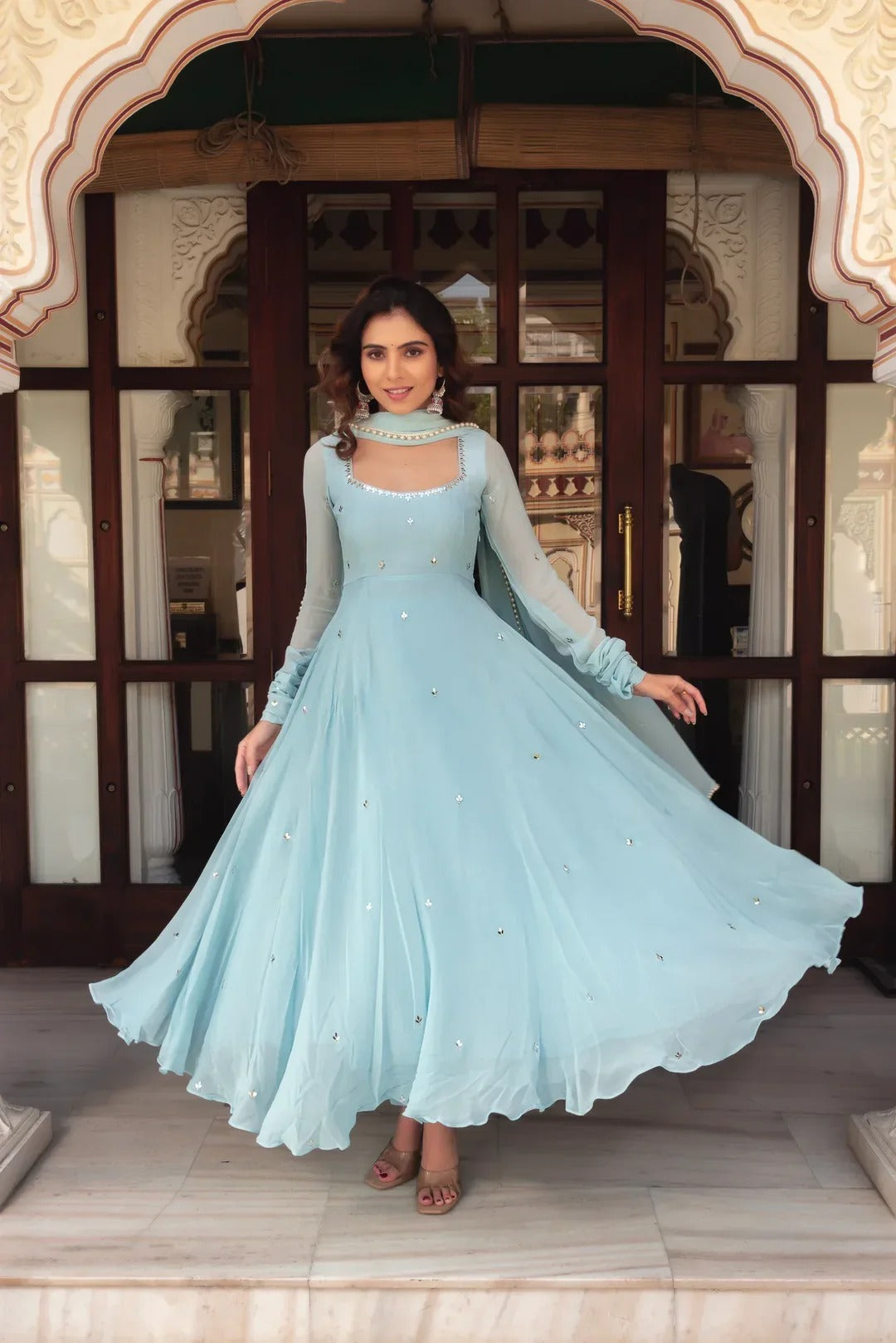 Sky Blue Floral Kurta Pant Set With Dupatta for Women