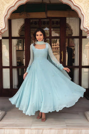 Sky Blue Floral Kurta Pant Set With Dupatta for Women