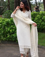 White Soft Cotton Kota Doria Suit With Lining
