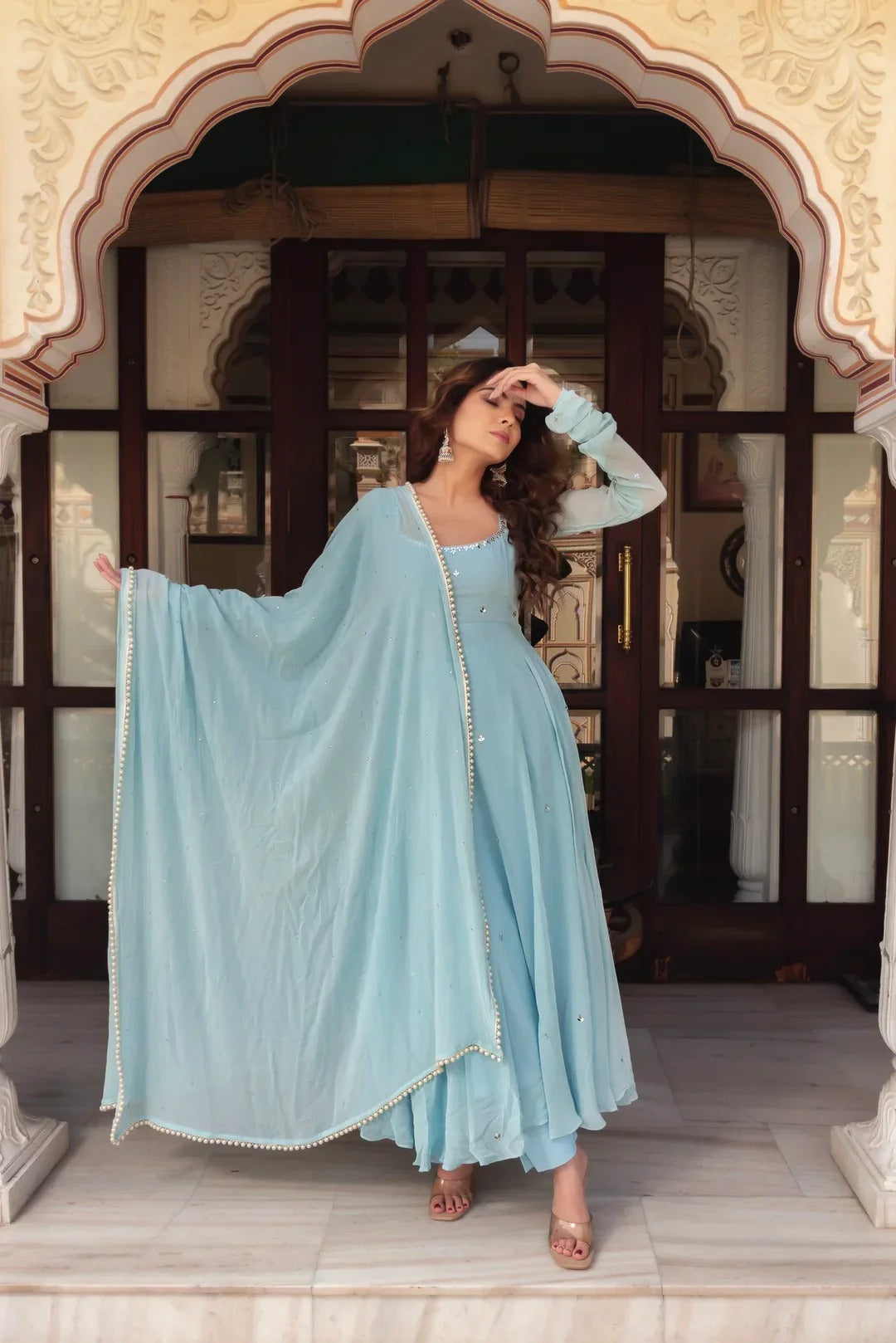 Sky Blue Floral Kurta Pant Set With Dupatta for Women