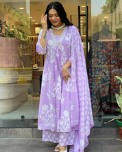 White Floral Lilac Pure Viscose GOWN