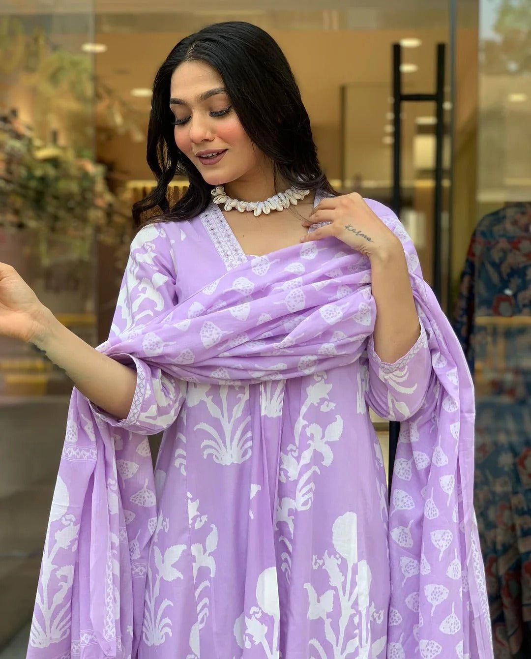 White Floral Lilac Pure Viscose GOWN