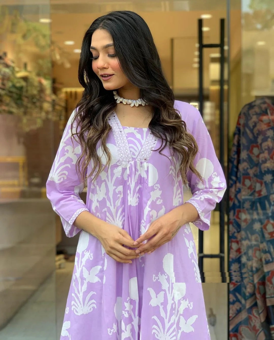 White Floral Lilac Pure Viscose GOWN