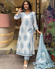 Icy Blue Bloom Viscose Rayon Suit Set