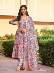 Women€™s Pink Printed Viscose Rayon Kurta and Pant Set