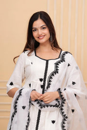 White Embroidered Cotton Suit Set with Embroidered Organza Dupatta