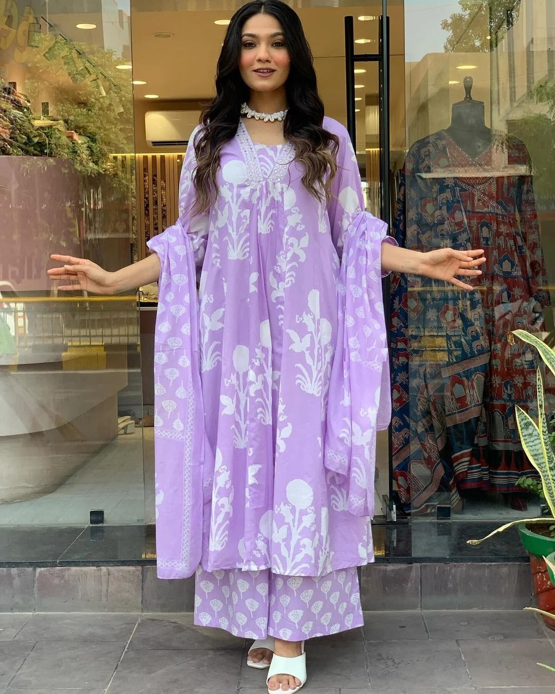 White Floral Lilac Pure Viscose GOWN