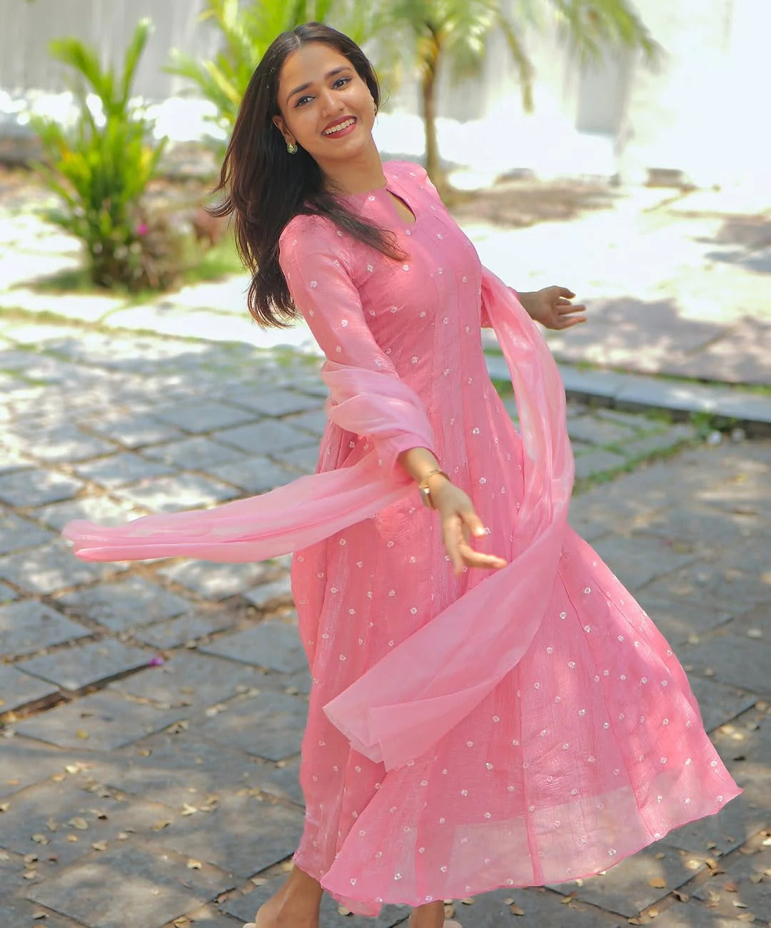 Beautiful Pink Tafeta Silk Kali Cut Maxi