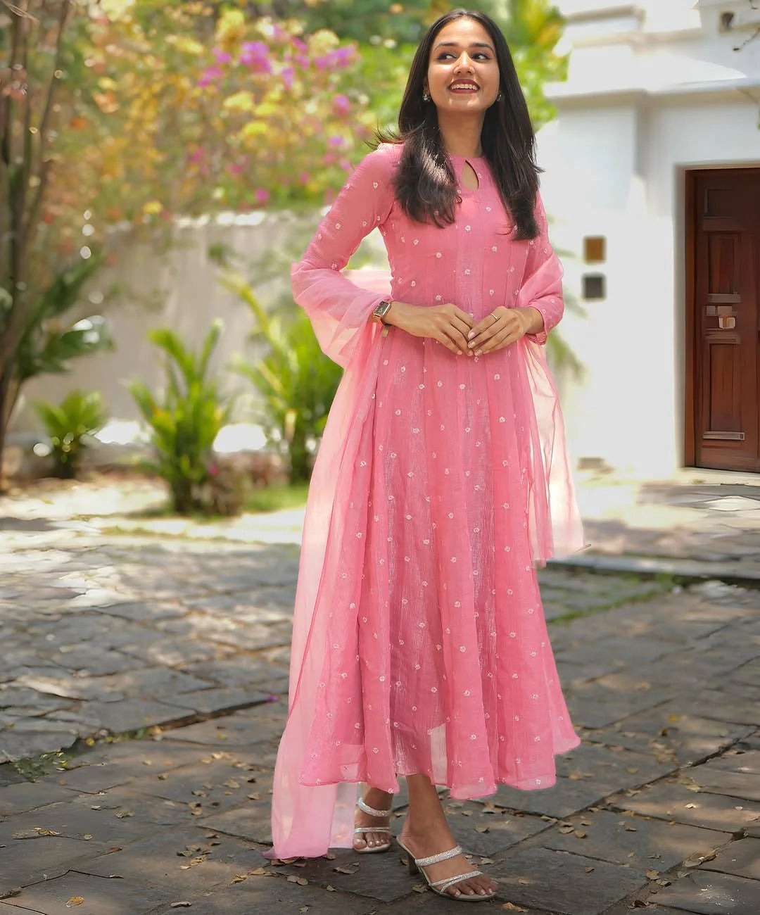Beautiful Pink Tafeta Silk Kali Cut Maxi