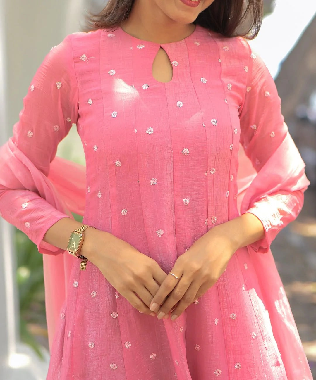 Beautiful Pink Tafeta Silk Kali Cut Maxi