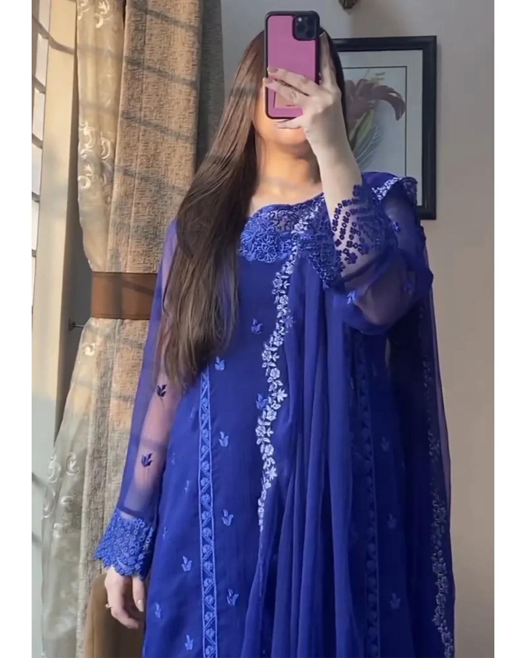 Chiffon Embroidered Navy Delight Blue Suit
