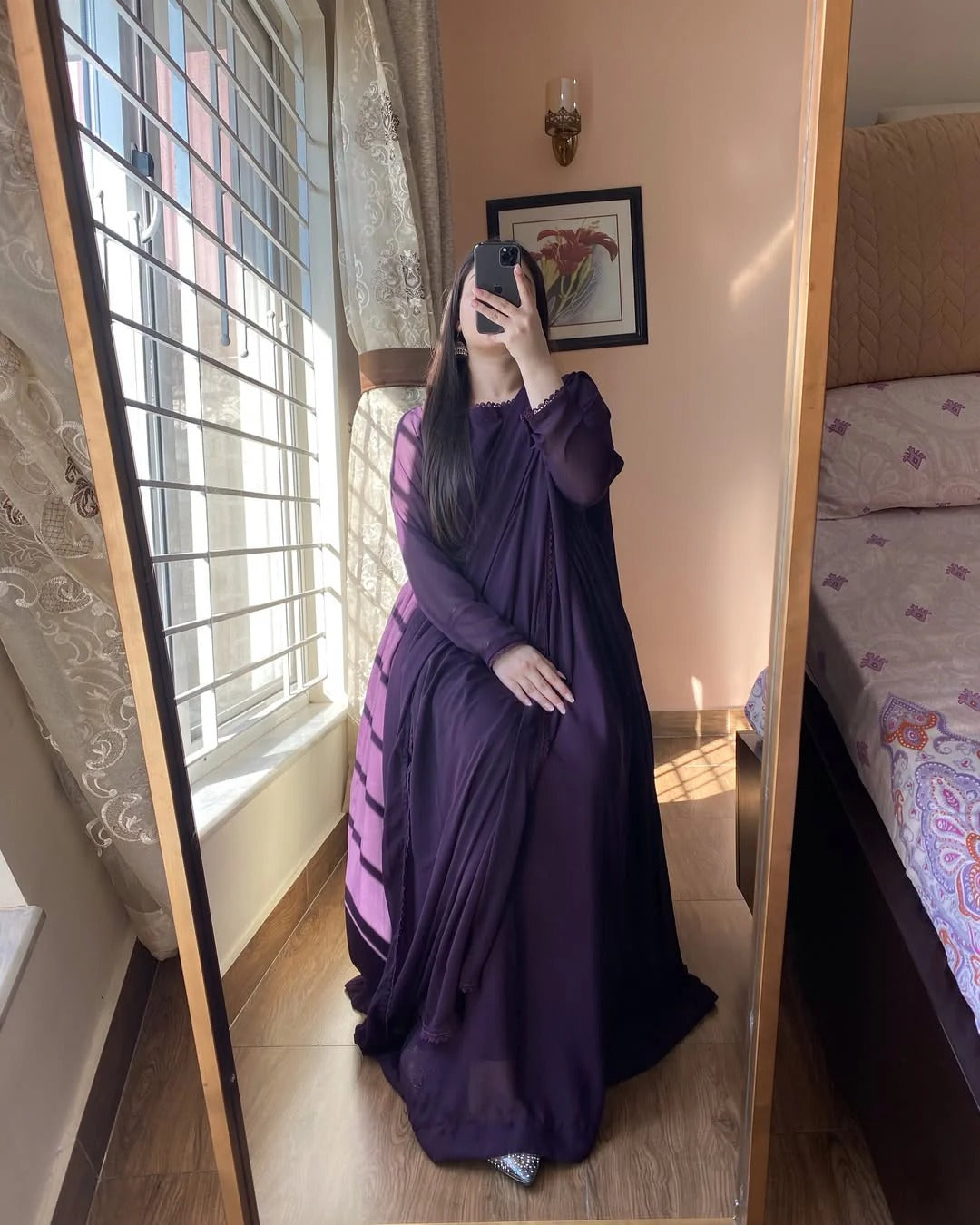 Chiffon Wine Color Gown Dress for Women