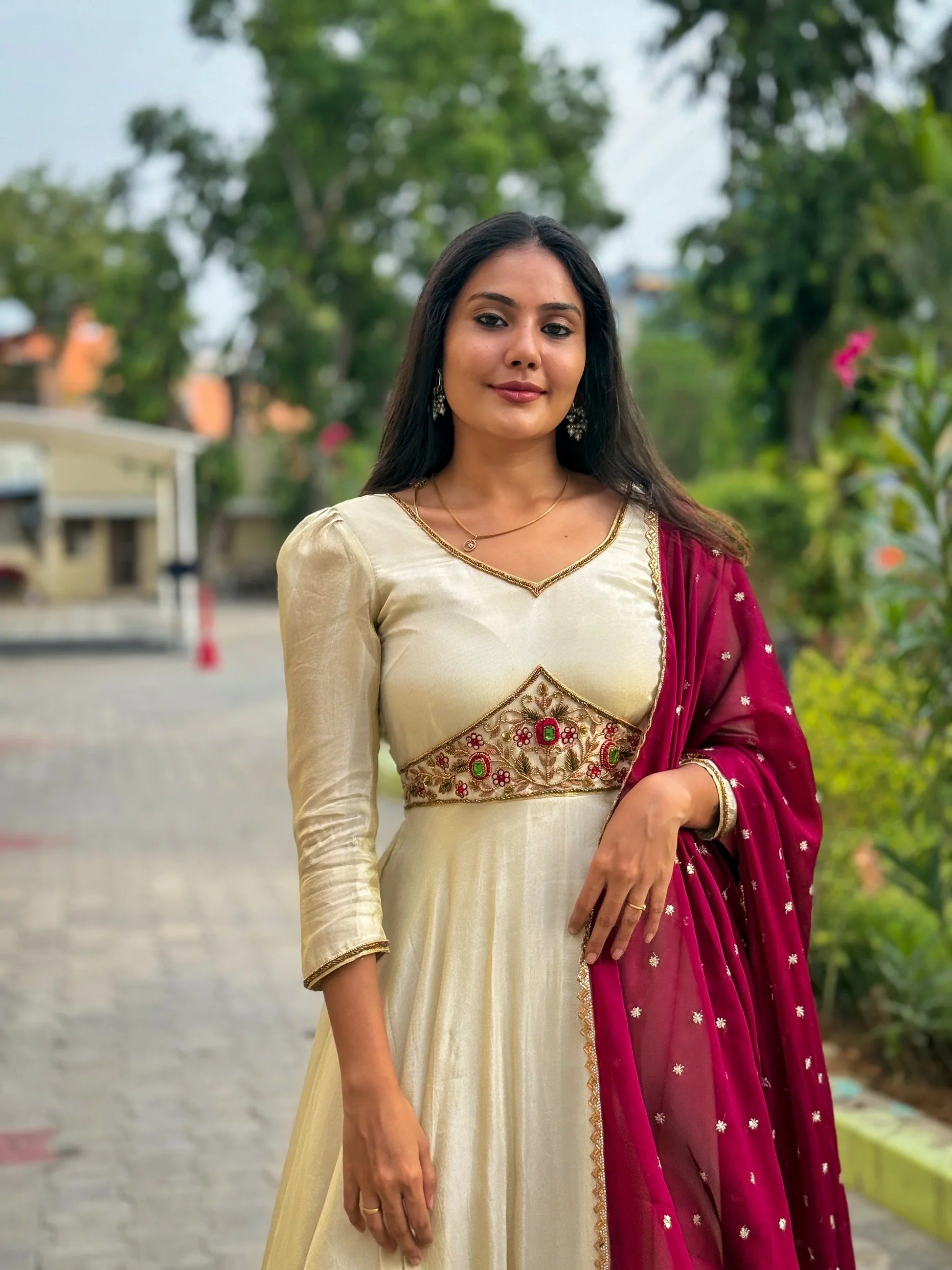 Hanshini Ivory Cotton Flared Anarkali Gown