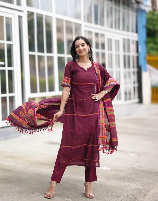 Women’s Designer Cotton Kurta Pant Dupatta Set
