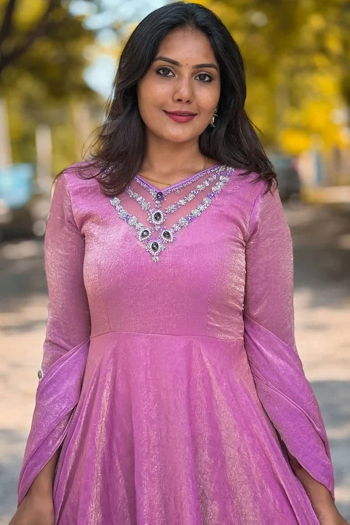 Pupuni Pure Silk Party Wear Purple Gown Designs