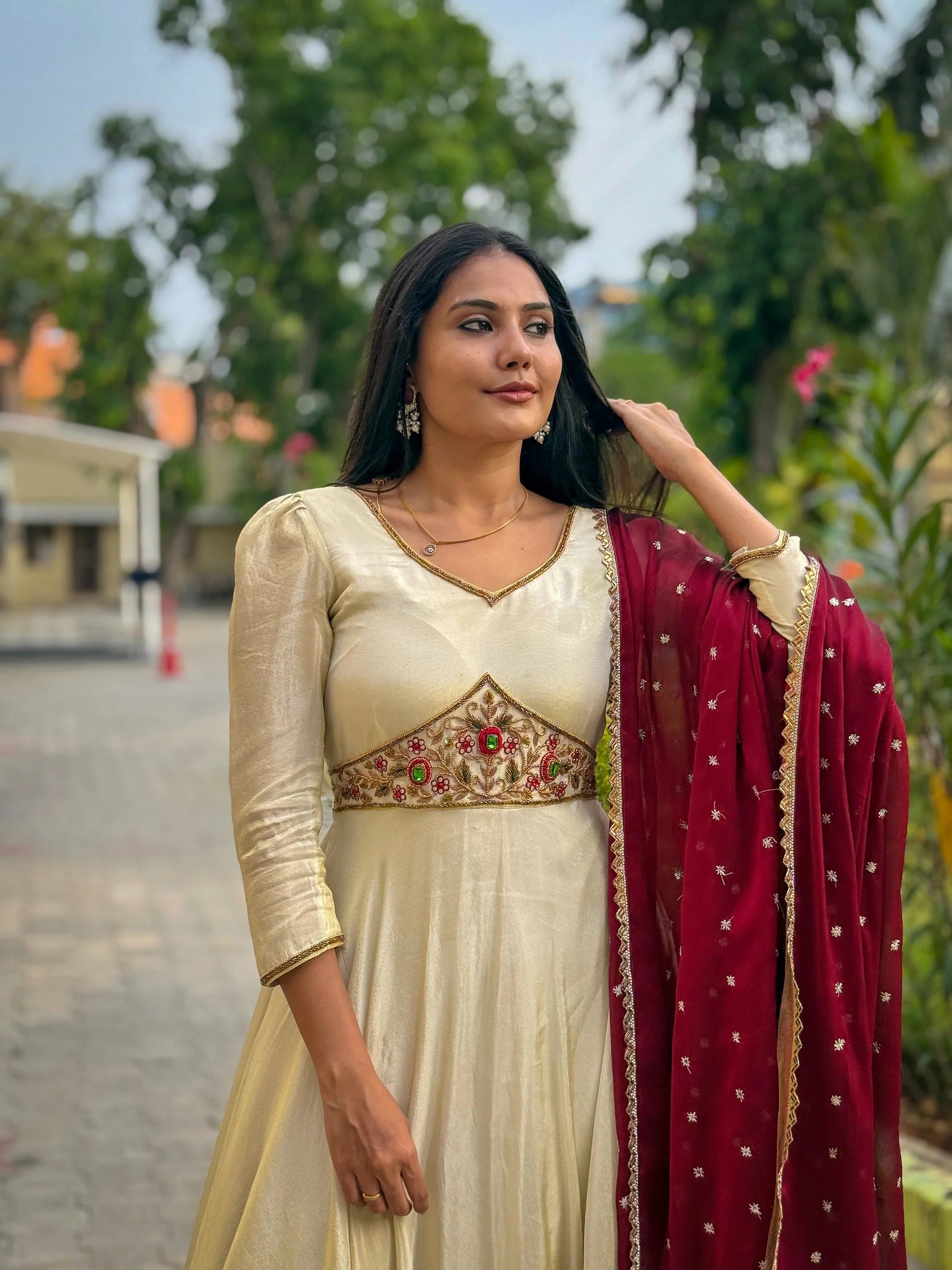 Hanshini Ivory Cotton Flared Anarkali Gown