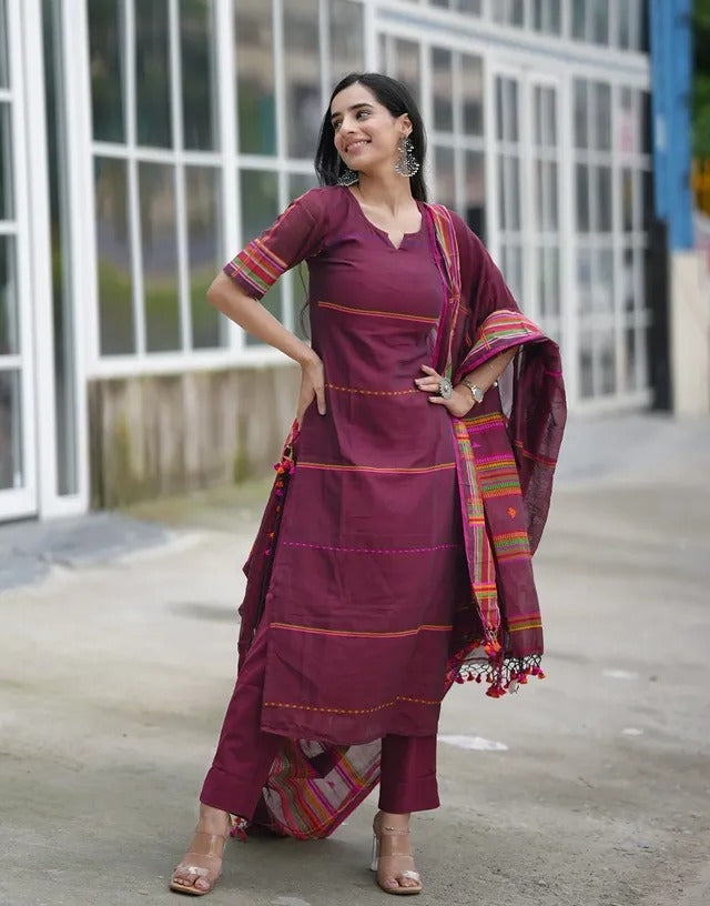 Women’s Designer Cotton Kurta Pant Dupatta Set