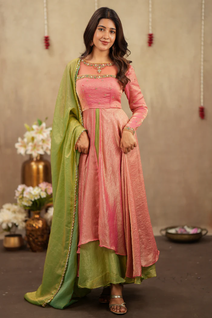 Keshwini Orange Handwoven Pure Silk Anarkali Dress