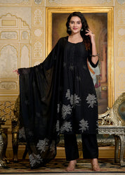 Black Cotton Embroidered GOWN with Dupatta